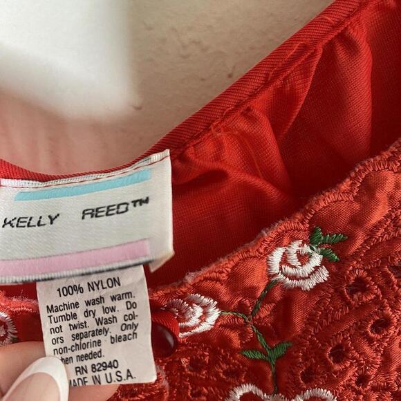 Kelly Reed Nylon Vintage Pajama Lounge Top Blouse Red Embroidered Large - Picture 7 of 12